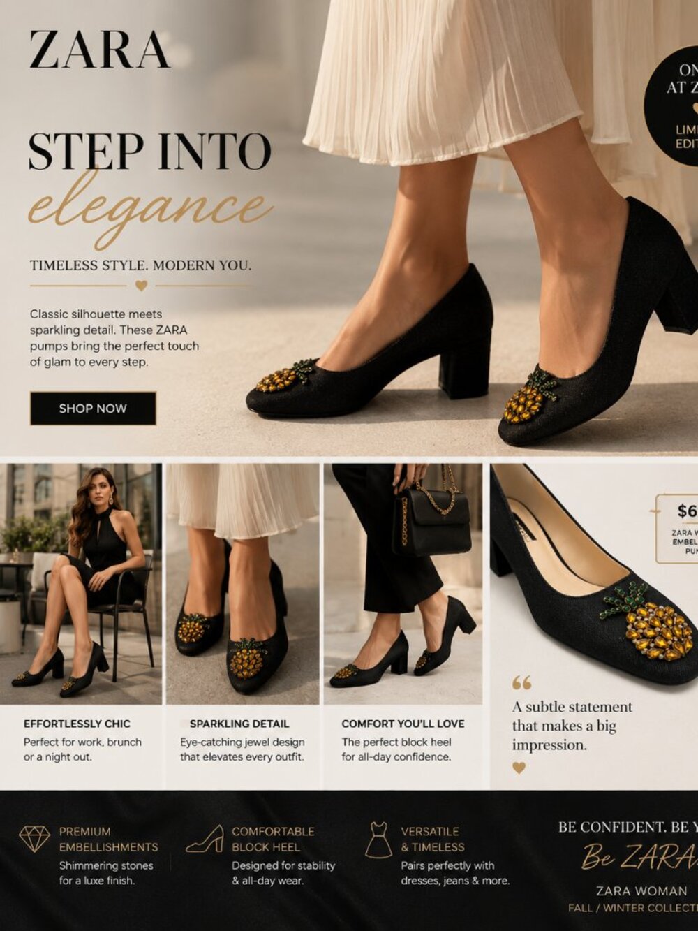 ZARA Embellished Block Heel Pumps – Elegant Statement Collection